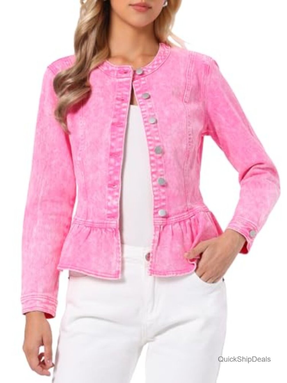 Peplum Denim Jacket Collarless Ruffle Hem Puff Sleeve Women's